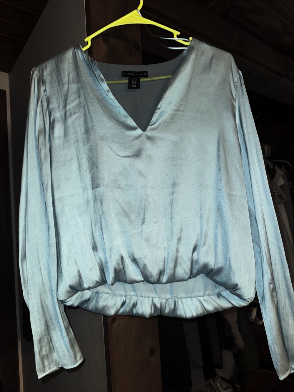 Sincerly Jules Pale Blue Satin V-Neck Blouson Top